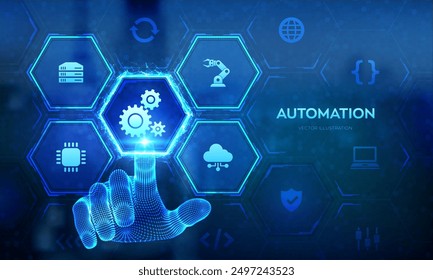 Automation Software. IOT and Automation concept as an innovation, improving productivity in technology and business processes. Wireframe hand touching digital interface. Vector illustration.