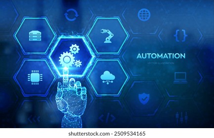 Software de automação. IOT e conceito de automação como uma inovação, melhorando a produtividade em tecnologia e processos de negócios. Mão de arames tocando a interface digital. Ilustração vetorial.