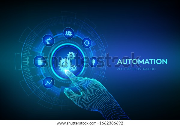 Automation Software. IOT and Automation\
concept as an innovation, improving productivity in technology and\
business processes. Robotic hand touching digital interface. Vector\
illustration.