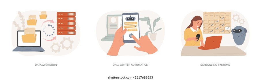 Automation software isolated cartoon vector illustrations set. Data migration, format processing, call center help desk application, scheduling system, automate business process vector cartoon.