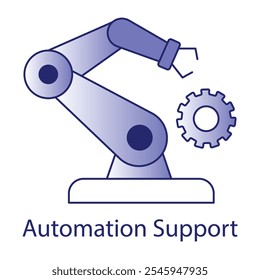 Automation Support Icon – Gear and Robotic Arm Representing Robotic Assistance in Automated Processes.