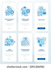 Automation systems blue onboarding mobile app screen set. Hightech walkthrough 3 steps graphic instructions pages with linear concepts. UI, UX, GUI template. Myriad Pro-Bold, Regular fonts used