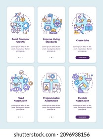 Automation systems onboarding mobile app screen set. Hightech walkthrough 3 steps graphic instructions pages with linear concepts. UI, UX, GUI template. Myriad Pro-Bold, Regular fonts used
