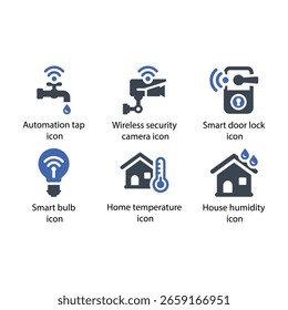 Automation tap, Security camera, Smart door lock, Smart bulb, Home temperature, House humidity, icon