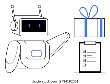 Automatización, gestión de tareas, herramientas de productividad, programas de recompensa, robótica, sistemas digitales. Un robot hace un gesto hacia una lista de verificación y una caja de regalo. Concepto de automatización y gestión de tareas