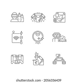 Automation technologies linear icons set. Manufacturing robots. Automated laundry and cleaning. Customizable thin line contour symbols. Isolated vector outline illustrations. Editable stroke