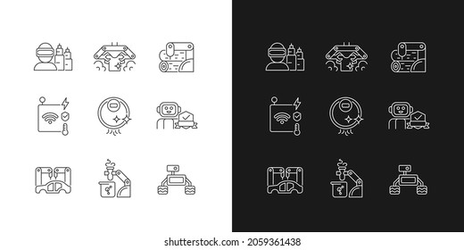 Automation technologies linear icons set for dark and light mode. Manufacturing robots. Automated laundry. Customizable thin line symbols. Isolated vector outline illustrations. Editable stroke