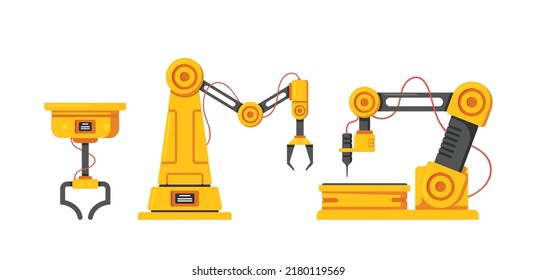 Automation Technology Concept with Robot Arm, Claw or Hand, Mechanic Welding Equipment, Engineering Factory Hand, Technology Automation, Cybernetic Manufacturing Hand. Cartoon Vector Illustration