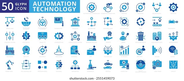 Conjunto de ícone de tecnologia de automação de computador, veículo, banco, máquina, relacionamento, elétrico, econômico, sinal, algoritmo, processo, decisão, hidráulico, trabalho, transportador, sensor, circuito, termostato