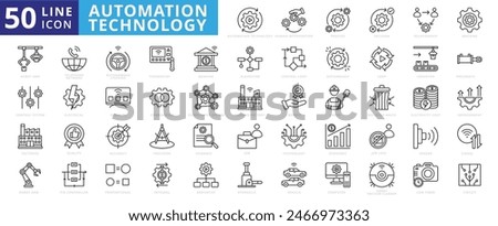 Automation technology icon set with robotic, autonomous, process, decision, relationship, machine, factory and control system.
