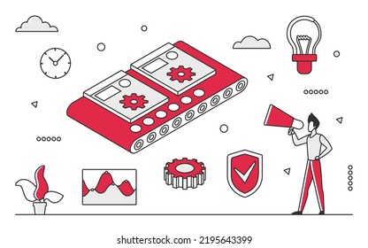 Automation technology processes. Smart tech machinery, innovative industry vector monocolor illustration