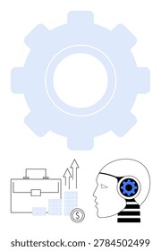 Automation, technology progress, innovation, business growth, AI strategy, future workforce. Robot head with gear, business charts upward arrows. Automation and technology progress concept