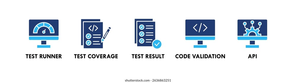 Automation Testing banner web icon illustration concept with icon of test runner, test coverage, test result, code validation, and api