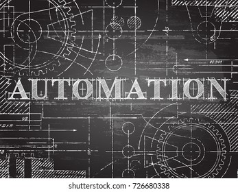 Automation text with gear wheels hand drawn on blackboard technical drawing background
