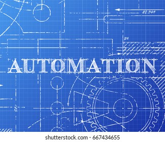 Automation text hand drawn on blueprint background