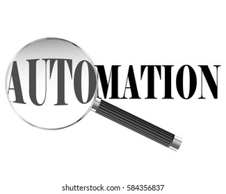 Automation text viewed under magnifying glass illustration