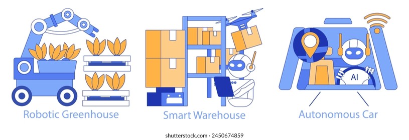 Automation trio concept. Advances in automated farming, efficient logistics, and self-driving vehicles. Seamless integration of robotics in various sectors. Vector illustration.