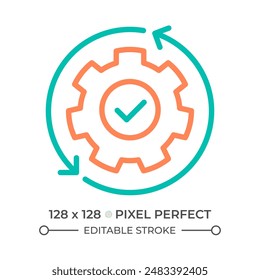 Automation two color line icon. Continuous workflow. System optimization. Gear and circular arrows bicolor outline symbol. Duotone linear pictogram. Isolated illustration. Editable stroke