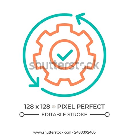 Automation two color line icon. Continuous workflow. System optimization. Gear and circular arrows bicolor outline symbol. Duotone linear pictogram. Isolated illustration. Editable stroke