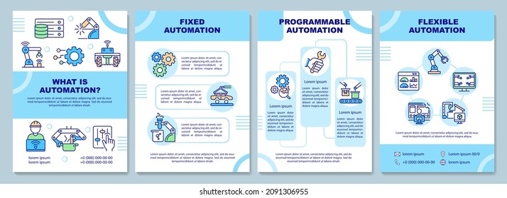 Automation types brochure template. Program and software. Booklet print design with linear icons. Vector layouts for presentation, annual reports, ads. Arial Black, Myriad Pro Regular fonts used