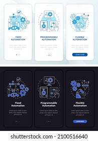 Automation types night and day mode onboarding mobile app screen. Walkthrough 3 steps graphic instructions pages with linear concepts. UI, UX, GUI template. Myriad Pro-Bold, Regular fonts used