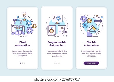 Automation types onboarding mobile app screen. Program and software walkthrough 3 steps graphic instructions pages with linear concepts. UI, UX, GUI template. Myriad Pro-Bold, Regular fonts used