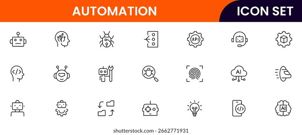 Automation vector line icons featuring robots, gears, workflow systems, AI, process optimization, control panels, sensors, efficiency tools, and automated machinery.
