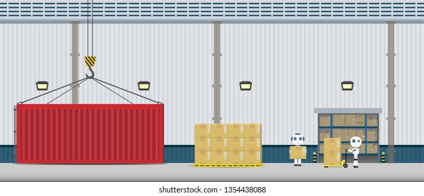 Automation warehouse concept with robot working flat design vector illustration