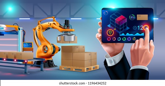 Automation of warehouse on smart factory, the robotic arm loading boxes on pallets. The application on the tablet manages the logistics of the plant. businessman holding a tablet