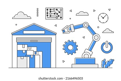 Automation warehouse operations and processes. Robotic technology assistance system vector monocolor illustration