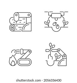 Automation for wellbeing linear icons set. Wood processing. Drones for planting. Firefighter robot. Customizable thin line contour symbols. Isolated vector outline illustrations. Editable stroke
