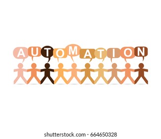 Automation word in speech bubbles with cut out paper people chain in different skin tone colors