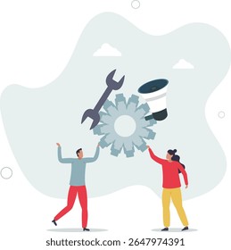 Automation of work.people work with gears of machine. character life .