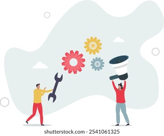 Automation of work.people work with gears of machine.flat characters.