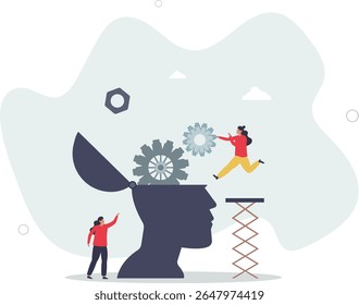 Automation of work.repair cogwheels in human head. character life .