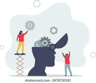 Automatización del trabajo.reparación de ruedas dentadas en cabeza humana.ilustración plana