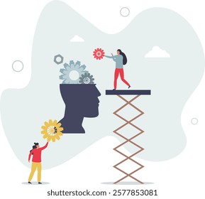 Automation of work.repair cogwheels in human head.flat characters.