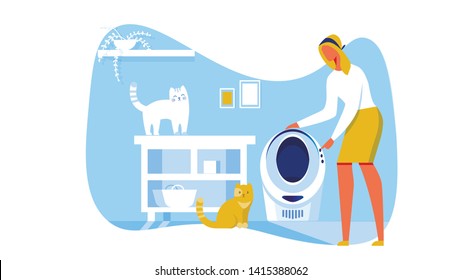 Automatization and Conveniences Cartoon Flat Vector Illustration. Bathroom Interior. Woman Choosing Comfortable Mode in Automatical Cat House. Apartment with Cats. Two Pets Sitting.