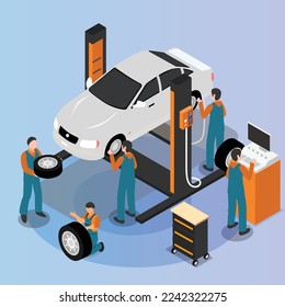 Automechanic - Service und Reparatur des Auto isometrischen 3D Vektorgrafik-Konzepts für Banner, Website, Illustration, Landing Page, Flyer, etc.