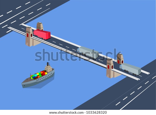 Automobil bridge over river with driving\
trucks, city modern buildings, concept isometric urban layout\
vector illustration