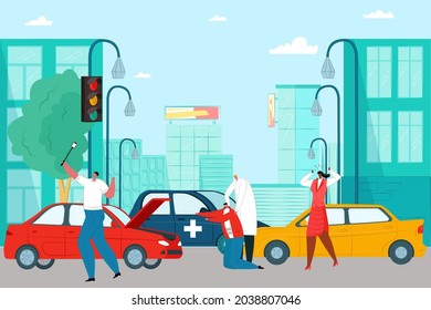 Automobile accident on city road, profession medical doctor help car crash victim flat vector illustration, witness take selfie.