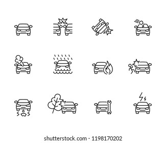 automobile accidents  symbols line black icons set