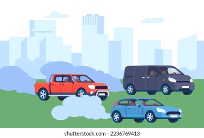 Automobile air pollution. Exhaust gases from cars traffic in city. Smoke emission. Pickup truck and minivan. Urban landscape. Gasoline combustion smog. Ecology