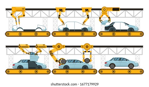 Automobile assembly. Factory car assembly conveyor, manufacturing robotic arms automotive, industrial automation process vector illustration set. Auto robot conveyor, assembly arm process