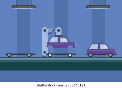 Automobile Assembly Line with Robotic Production Process in Factory 2d flat vector illustrations