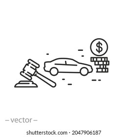 automobile auction icon, selling car, auto legal property, real offer with competition bid, thin line symbol on white background - editable stroke vector illustration