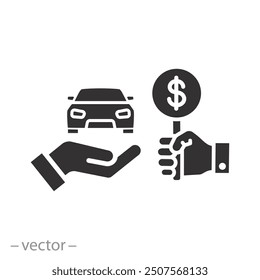 Icono de subasta de automóviles, venta de automóviles, propiedad legal de automóviles, Ilustración vectorial plana