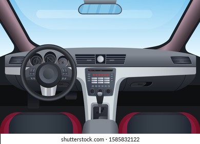 Automobile black and red interior vector illustration. Control panel and windscreen view from front seats. Dashboard and steering wheel in car. Inside look of vehicle with mechanical transmission