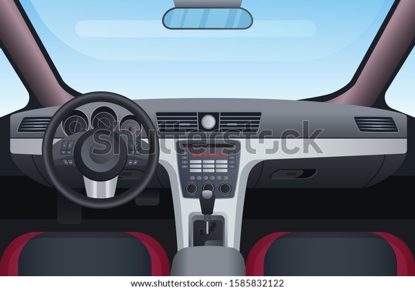 Automobile black and red interior vector\
illustration. Control panel and windscreen view from front seats.\
Dashboard and steering wheel in car. Inside look of vehicle with\
mechanical\
transmission