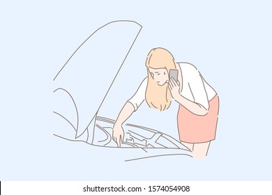 Automobile breakdown, car problem, emergency situation concept. Young woman looking under vehicle hood, blonde calling to maintenance service, girl receiving consultation on phone. Simple flat vector